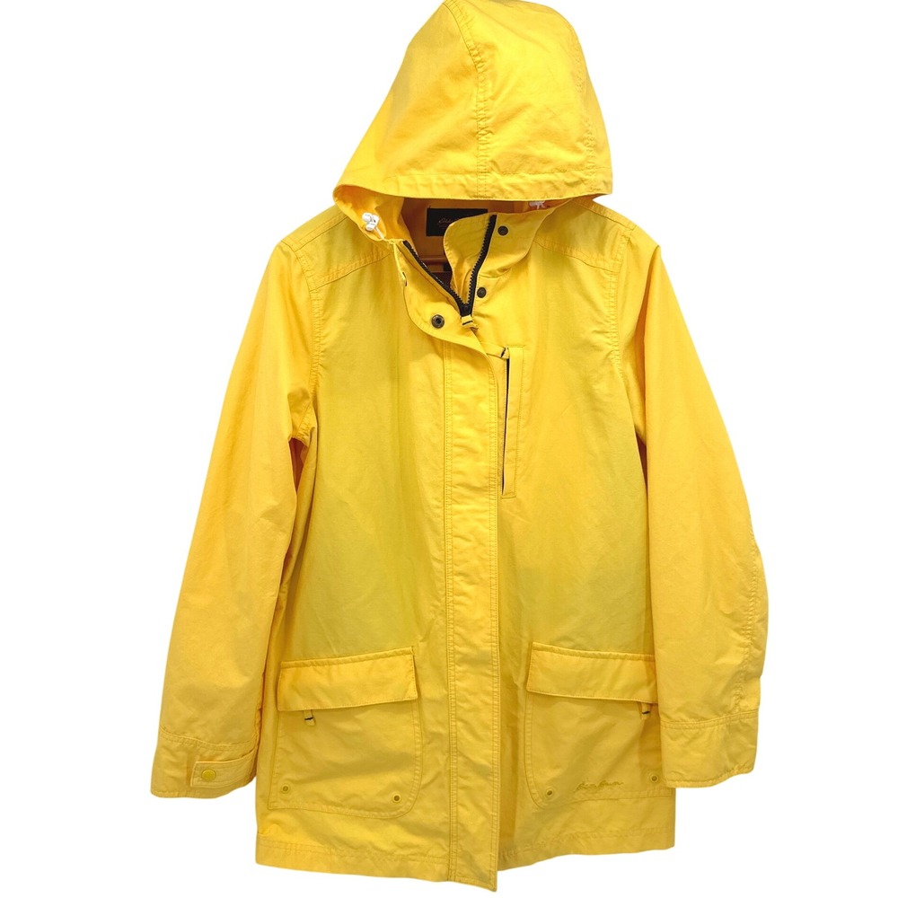 Eddie Bauer Womens Rain Jacket L Yellow Hooded Full Zip Outdoor Hiking Casual
